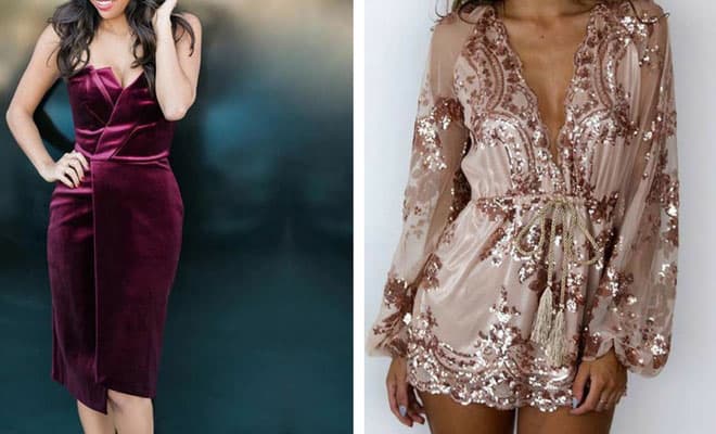Elegant New Year’s Eve outfits: burgundy velvet dress and blush sequin romper for women.