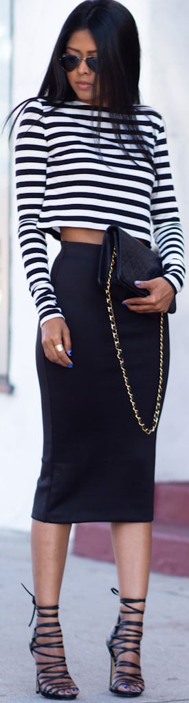 Outfit with Striped Crop Top and Pencil Skirt