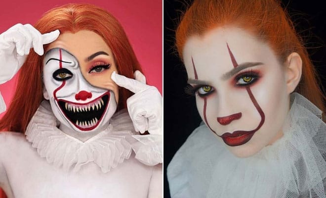 Creative Pennywise makeup ideas with split-face clown designs, horror inspired, theatrical Halloween looks.