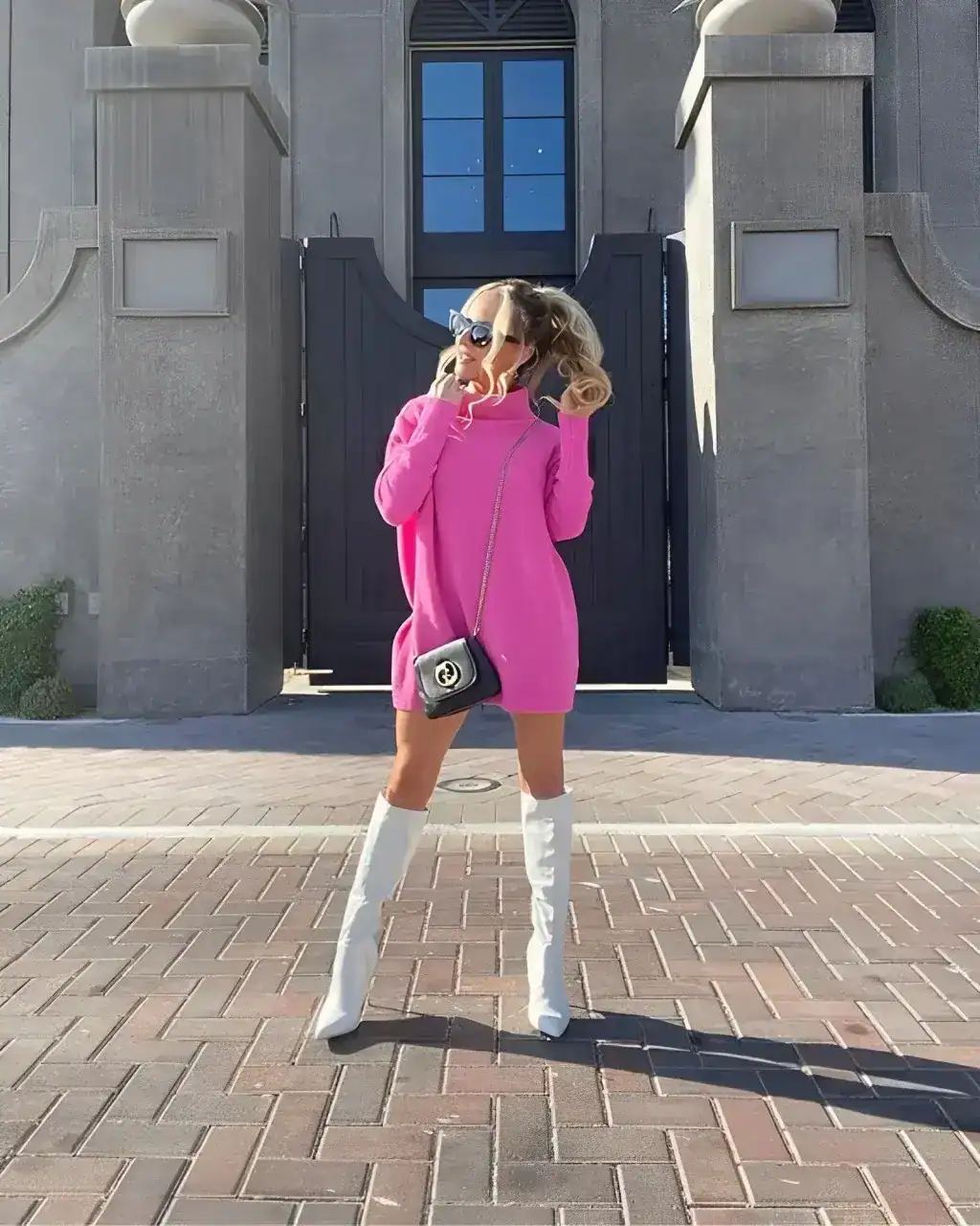 pink-outfit-ideas-midi-dress-high-boots