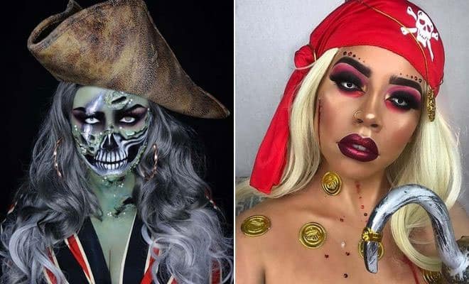 Creative pirate makeup ideas for women featuring spooky skeleton and glamorous pirate looks.
