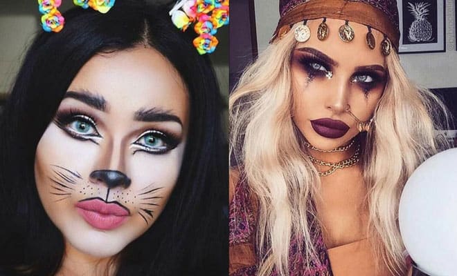 Creative Halloween makeup ideas for women: whimsical cat look and glamorous boho gypsy style.
