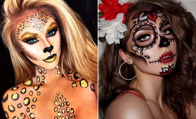 Creative Halloween makeup looks: leopard face paint and Day of the Dead sugar skull designs.