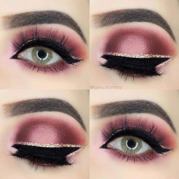 Pretty Burgundy Eye Makeup with Gold Glitter