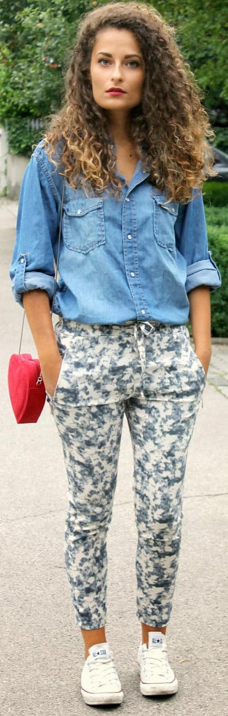 Print Pants Denim Blouse Outfit