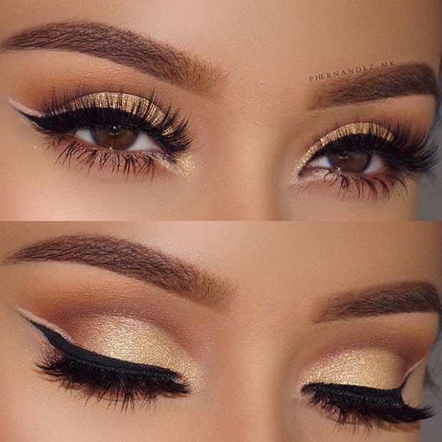 Gold Eye Makeup and Double Eyeliner Look for Prom