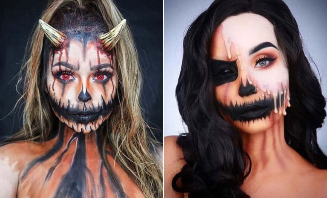 Creative pumpkin and skull Halloween makeup looks with demonic and half-face designs for spooky inspiration.