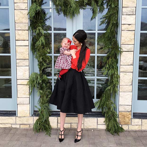 Black Midi Skirt Red Shirt Christmas Outfit Idea