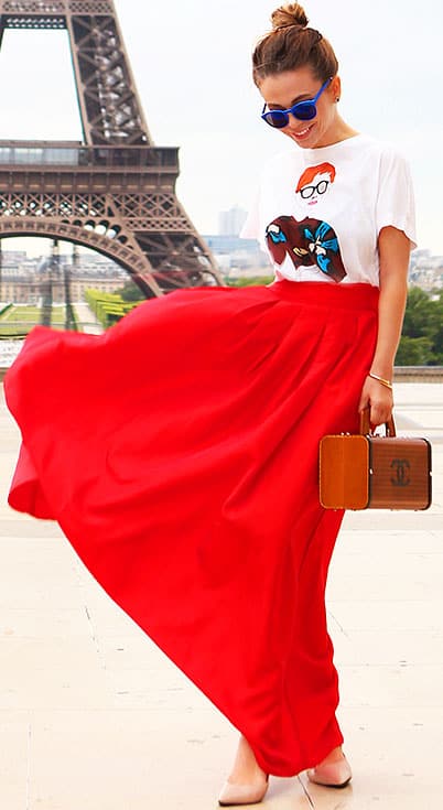 Red Maxi Skirt Print T Shirt Outfit