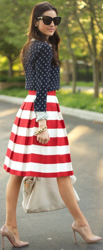 Red & White Striped Midi Skirt