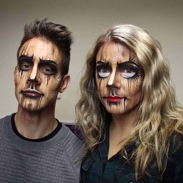 Creepy doll couple Halloween makeup with dramatic face paint, marionette theme, and dripping effects.