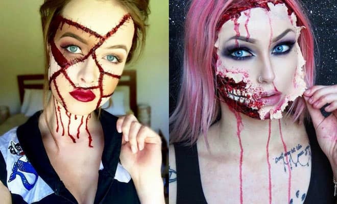 Two women showcase dramatic, scary Halloween makeup with stitched face and peeled skin special effects.
