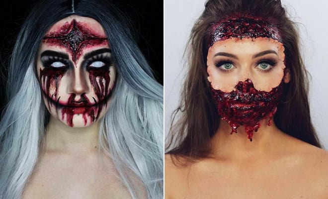 Creepy Halloween makeup ideas featuring ghostly skull face paint and realistic gory wound effects.