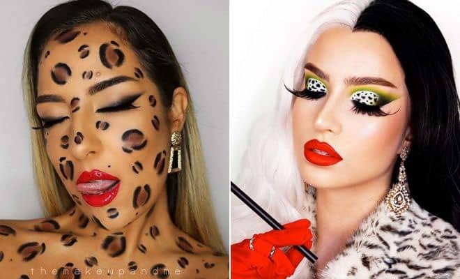Bold leopard print and polka dot Halloween makeup looks with red lips and dramatic eye makeup.