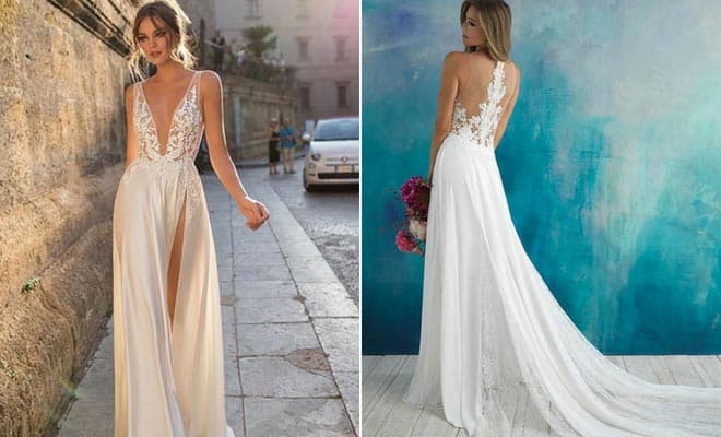 Elegant sexy wedding dresses with lace, high slit, and dramatic train for modern bridal fashion.