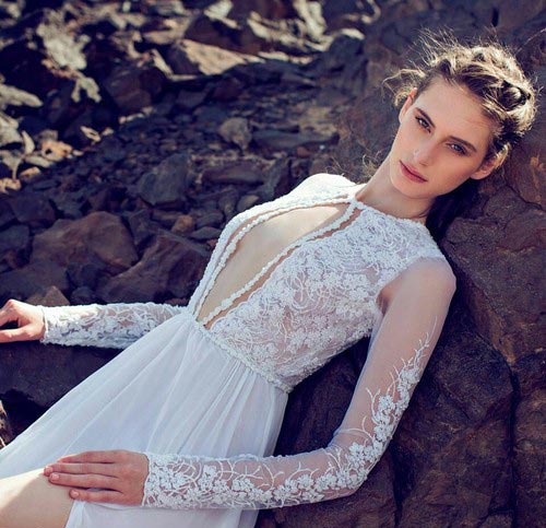Sheer Plunging Neckline Long Sleeve Sexy Wedding Dress