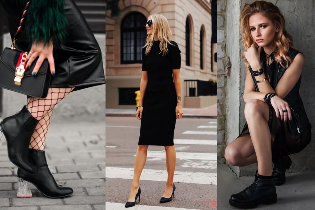 Trendy shoes to wear with a black dress, including ankle boots, classic heels, and punk boots.