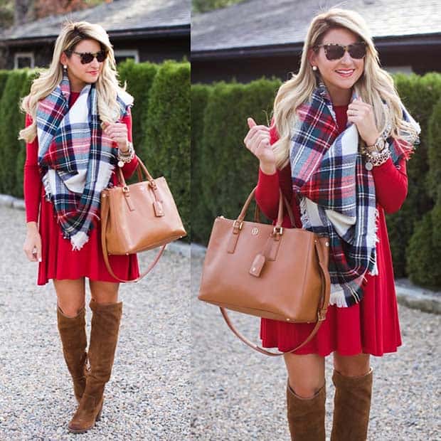 Red Dress Flannel Scarf Christmas Outfit