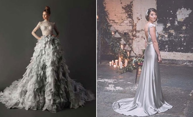Elegant silver wedding dresses: one voluminous lace gown, one sleek off-shoulder modern design.