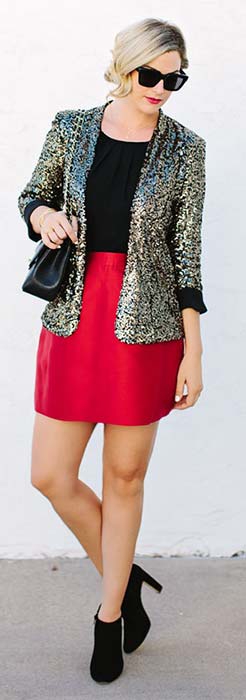 Skirt and Sequin Blazer Christmas Outfit Idea