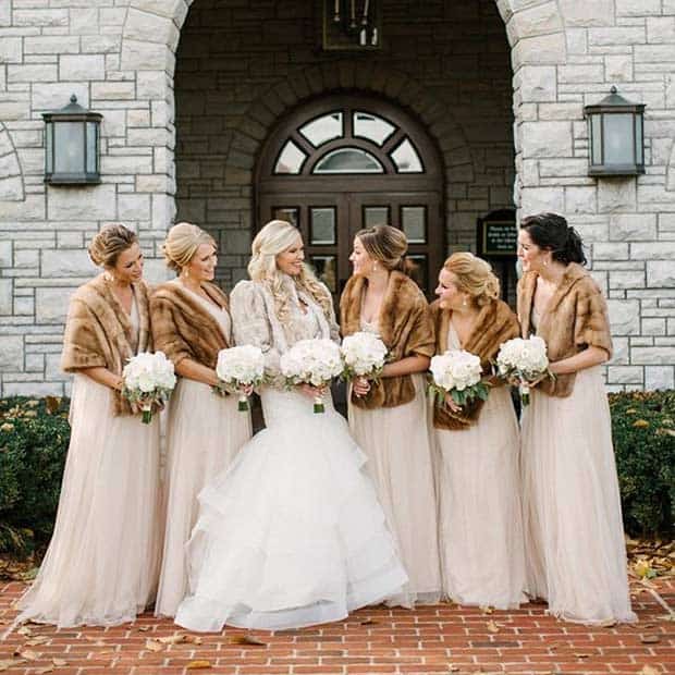 Nude Bridesmaid Dresses and Brown Fur Shawls