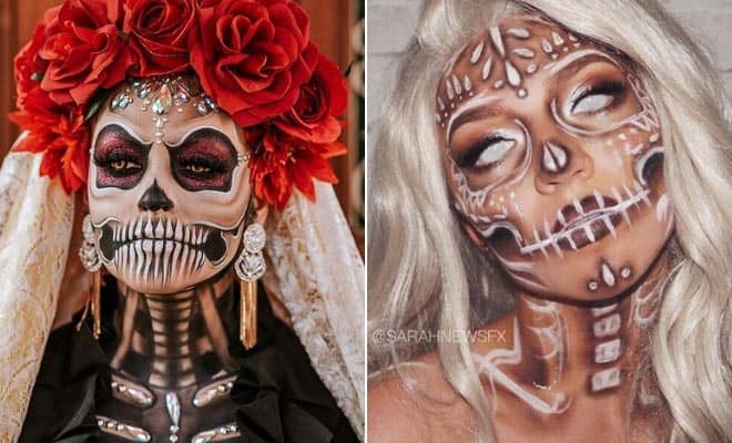 Creative sugar skull makeup ideas for Day of the Dead and Halloween face paint inspiration.