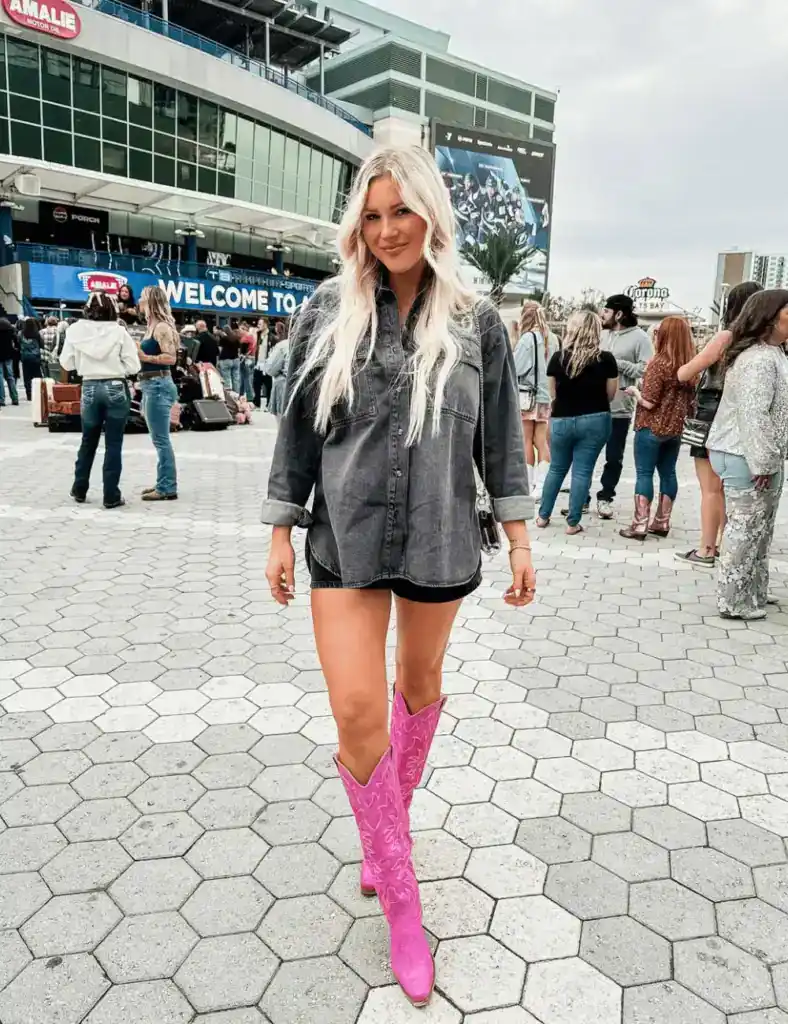 denim and pink boots outfit