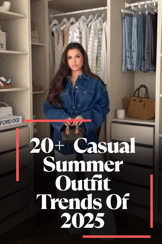 Trendy casual summer outfit ideas for women 2025 in organized closet with denim jacket and accessories.