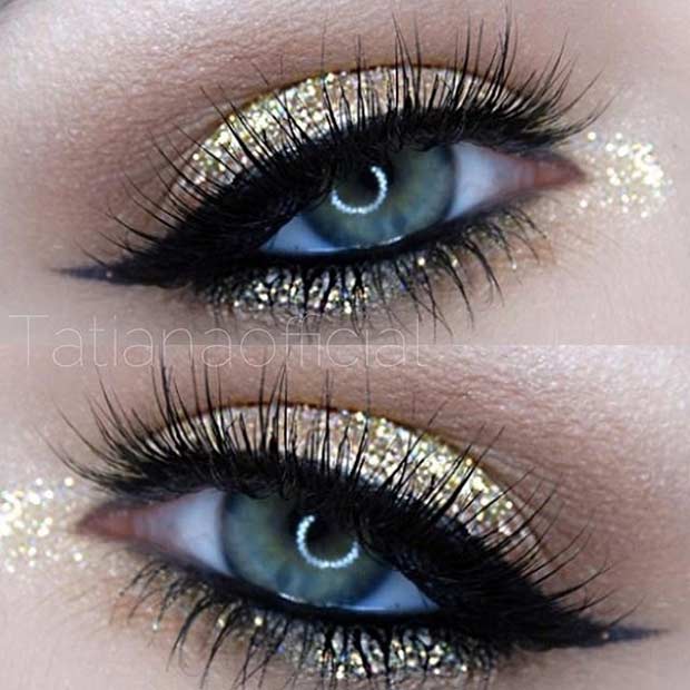 Gold Glitter Eye Makeup Look for Blue Eyes