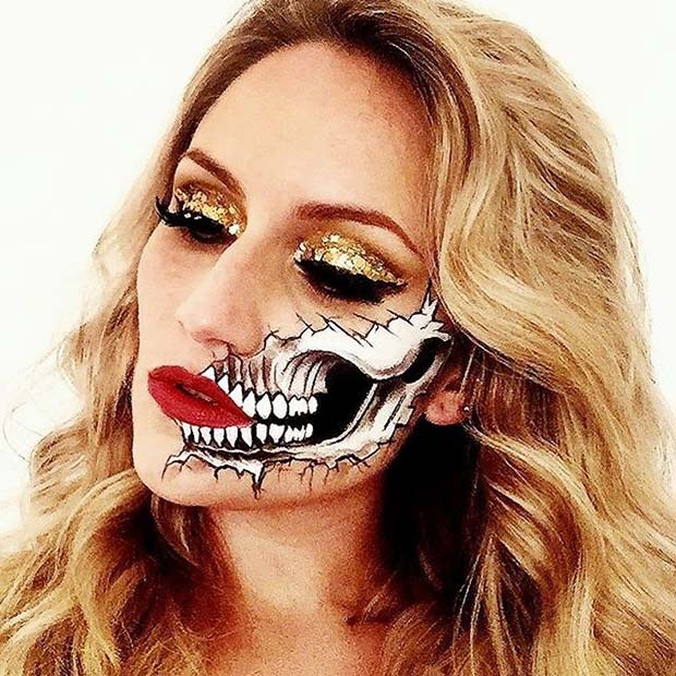 Half Skull Makeup for Creepy Halloween Makeup Ideas