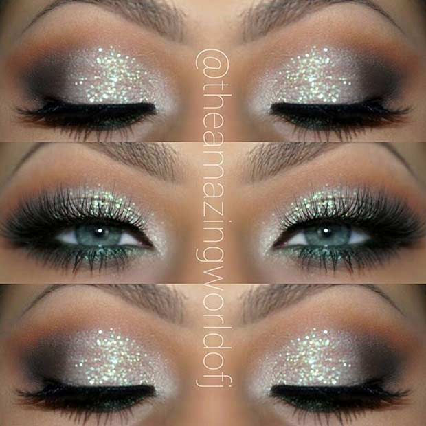 Silver Glitter Eye Makeup Look for Blue Eyes