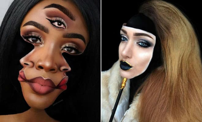 Surreal illusion makeup looks for Halloween with bold colors and avant-garde artistic face designs.