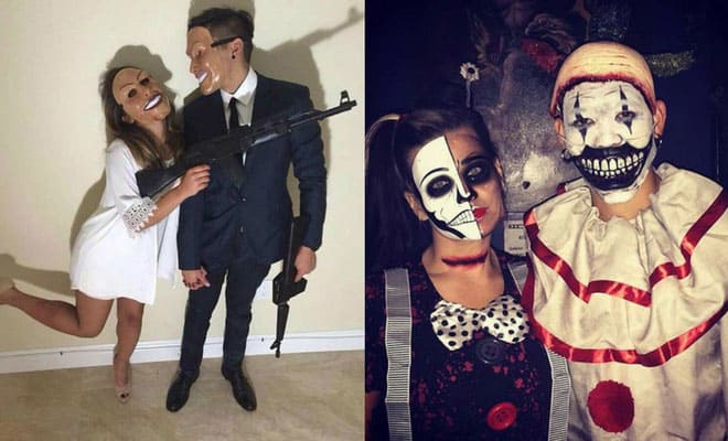Creative Halloween couple costumes: scary bride, groom, clown, and doll with spooky masks and makeup.