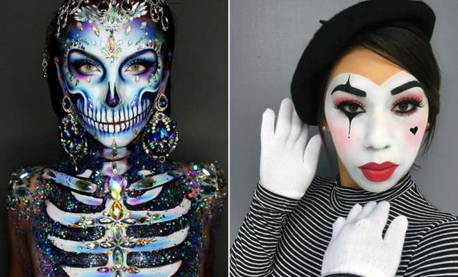 Creative Halloween makeup ideas for women featuring skeleton face paint and classic mime costume.