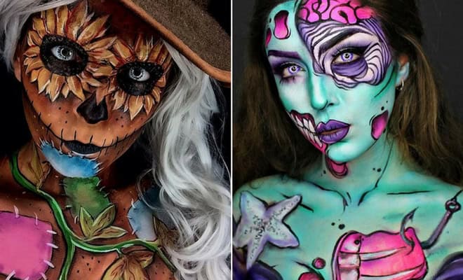 Creative body painting designs featuring a scarecrow and a mystical aquatic creature against a dark background.