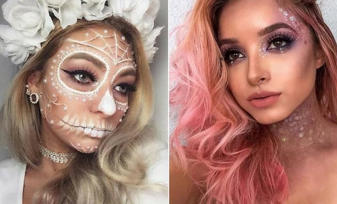Day of the Dead skull makeup and pastel fantasy makeup on women, creative beauty styles comparison.