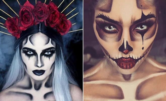 Gothic makeup art with skull face paint, silver hair, red roses, and dramatic horror beauty effects.