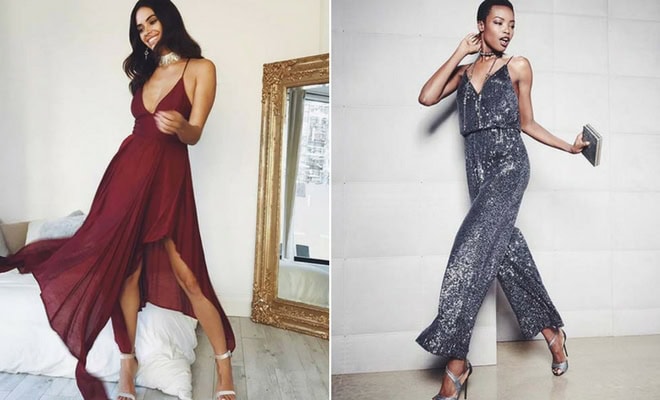 Elegant women’s evening wear: burgundy slit dress and sequined jumpsuit, modern formal fashion styles.