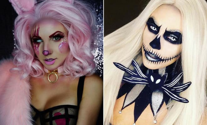 Creative makeup ideas: pink bunny costume and dramatic skeleton face for Halloween or cosplay.