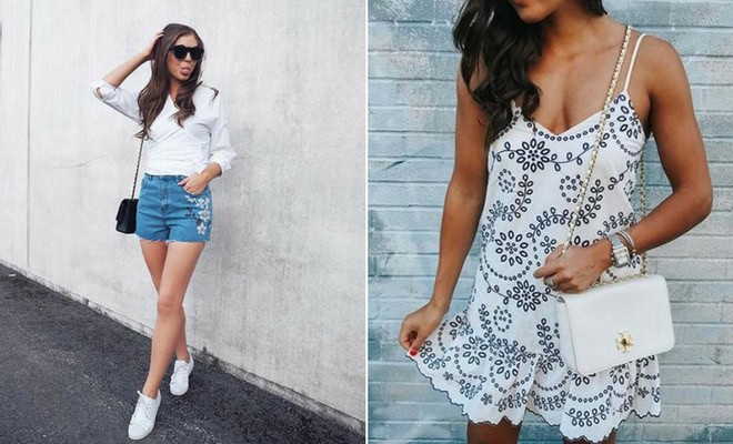 Trendy summer outfits for women featuring casual denim shorts and a floral sundress with accessories.
