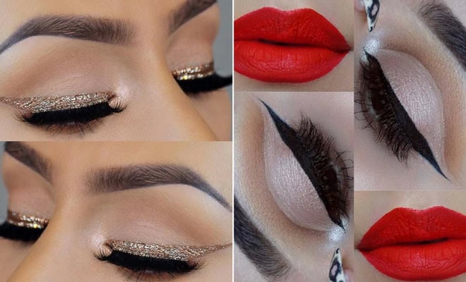 Glamorous eye makeup with glitter eyeliner and bold red lipstick close-up beauty photography.