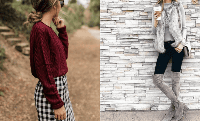 Winter fashion outfits for women featuring cozy sweaters, faux fur vests, skirts, and knee-high boots.