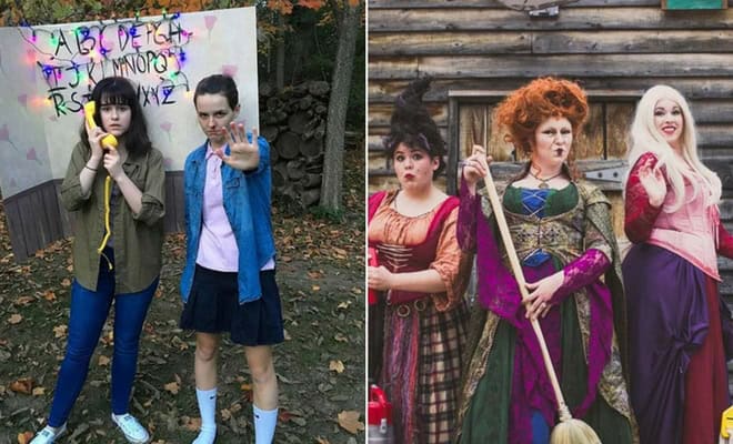 Stranger Things inspired scene and group of women in witch costumes for Halloween fantasy nostalgia.