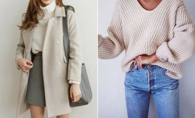 Elegant fall and winter outfits for women featuring neutral tones, cozy sweaters, skirts, and jeans.