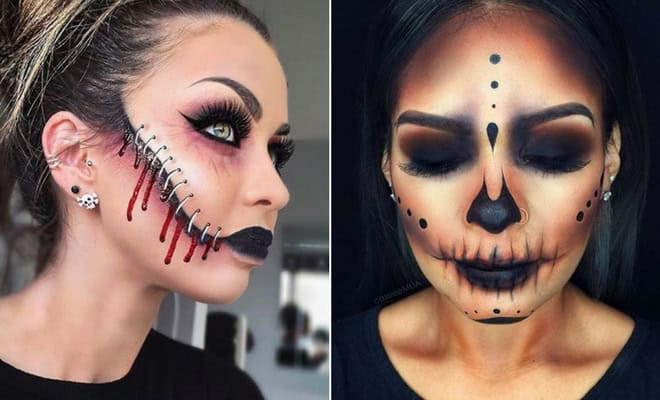 Two women with dramatic Halloween makeup: stitched face and sugar skull Día de los Muertos designs.