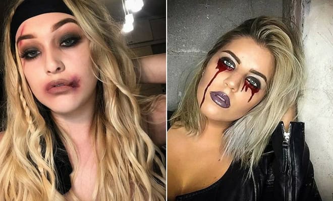 Gothic horror makeup on two women with dramatic eye shadows, blood-like details, and modern hairstyles.