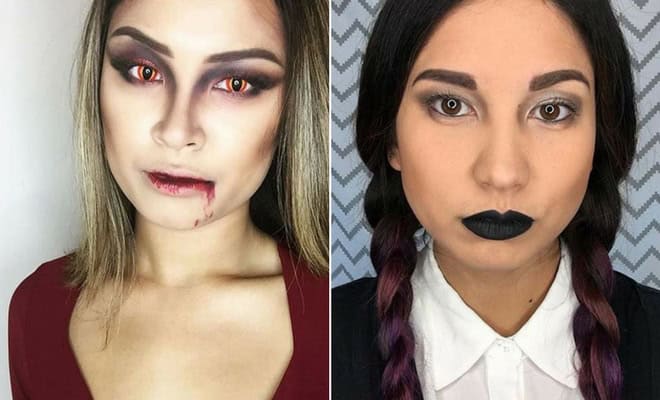 Vampire and gothic makeup looks for women with red eyes, black lipstick, fantasy horror style.