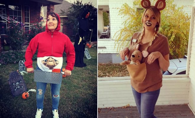 Women in Halloween costumes as Little Red Riding Hood and deer at festive Halloween party.