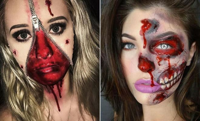 Two women with realistic horror makeup, unzipped face and half skull, perfect for Halloween costume ideas.