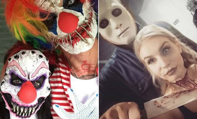 Halloween costumes and makeup featuring scary clowns, horror masks, and spooky bloody special effects.